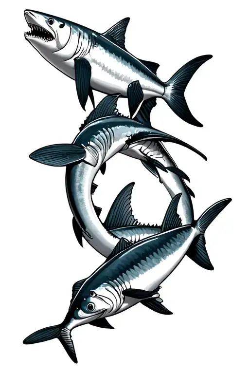 grid lines, with tuna and mahi and sharks swimming tattoo design idea