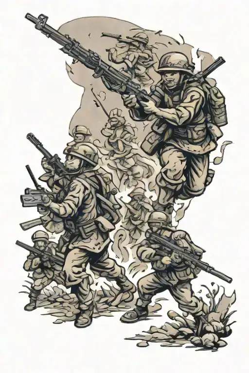 A tattoo design of a battlefield scene with soldiers in combat, but with children playing in the background, symbolizing the innocence amidst chaos tattoo design idea