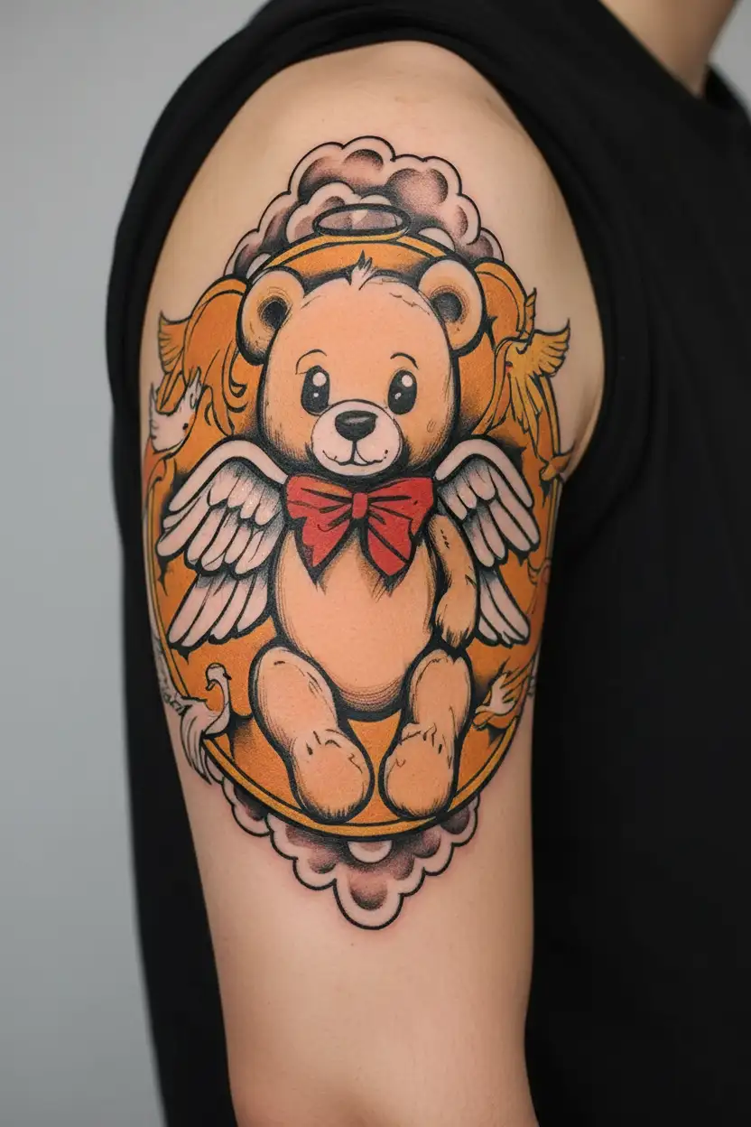 a teddy bear with angel wings tattoo design idea