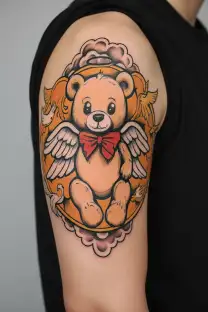 a teddy bear with angel wings tattoo design idea
