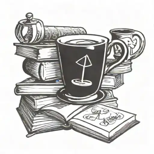 A stack of books, mugs, and other objects that represent the student barista lifestyle name Patricia tattoo design idea