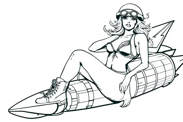 Sailor Jerry style pinup sitting on WWII missile, swimsuit, combat boots, army helmet with goggles, blonde windblown tattoo design idea
