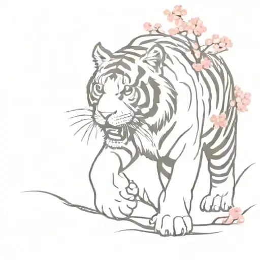 Tiger full body walking forward, surrounded by red cherry blossom flowers tattoo design idea