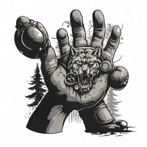 A wolf's paw print overlaid with a boxing glove, surrounded by surveillance camera motifs and set against a backdrop of a misty forest tattoo design idea