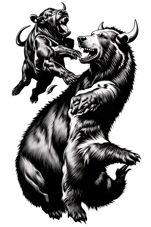 bull vs bear fight scene tattoo design idea