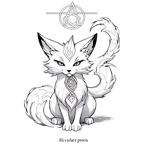 A kitsune with seven tails, with Libra symbol, with the phrase "Alis volat propris", and Witch Knot - black white tattoo tattoo design idea