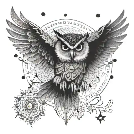 Mandala, flying owl, dots tattoo design idea