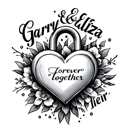 "Garry & aliza forever together" heart shaped lock tattoo design idea