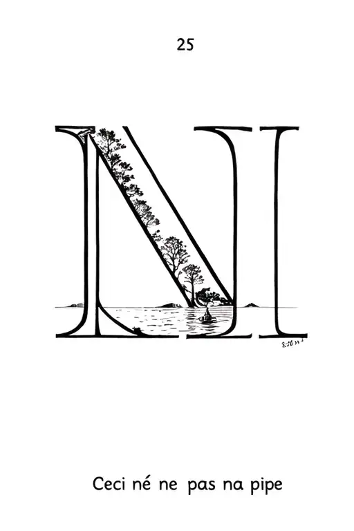 number 25 and letter N and sea and ceci ne pas na pipe of magritte and tree tattoo design idea