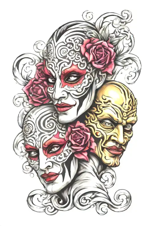 comedy and tragedy masks emerging tattoo design idea