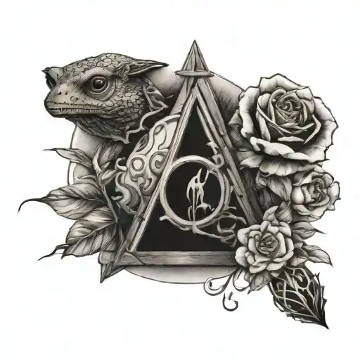A tattoo with Ender wand going through the deathly hallows, with flowers around it and the chocolate frog with the conta tattoo design idea