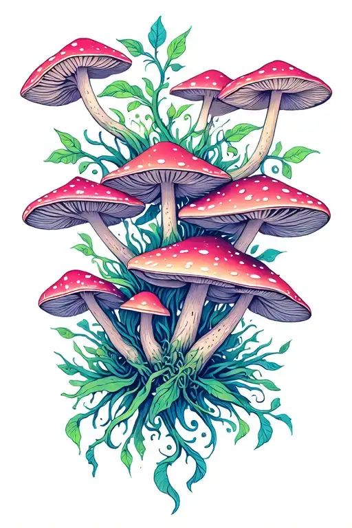 cluster of psychedelic mushrooms with ayahuasca vines tattoo design idea