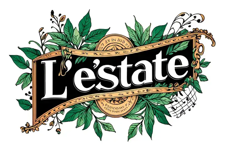Art Nouveau-style "L'estate" inscription with plants and notes. tattoo design idea