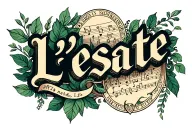 Art Nouveau-style "L'estate" inscription with plants and notes. tattoo design idea