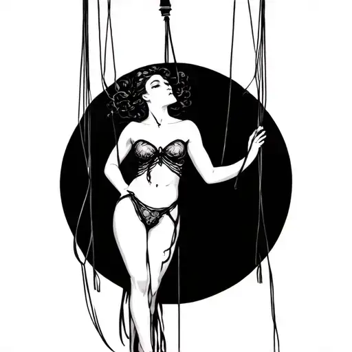 bound woman on marionette strings tattoo design idea