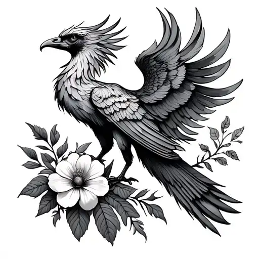 phoenix bird with August, September and October birth flower tattoo design idea