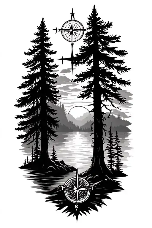 forest, sunset, compass, pine trees, tattoo design idea