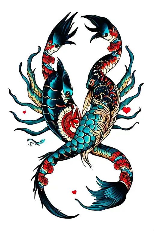 Full arm sleeve of a scorpio falling in love with a pisces with mandala design.  tattoo design idea