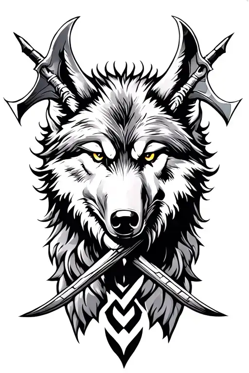 Wolf weles god symbol incorporated two axes crossing over eachother tattoo design idea