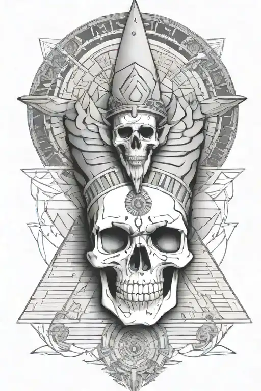  egyption goddess, skull background, pyramid, all seeing eye tattoo design idea