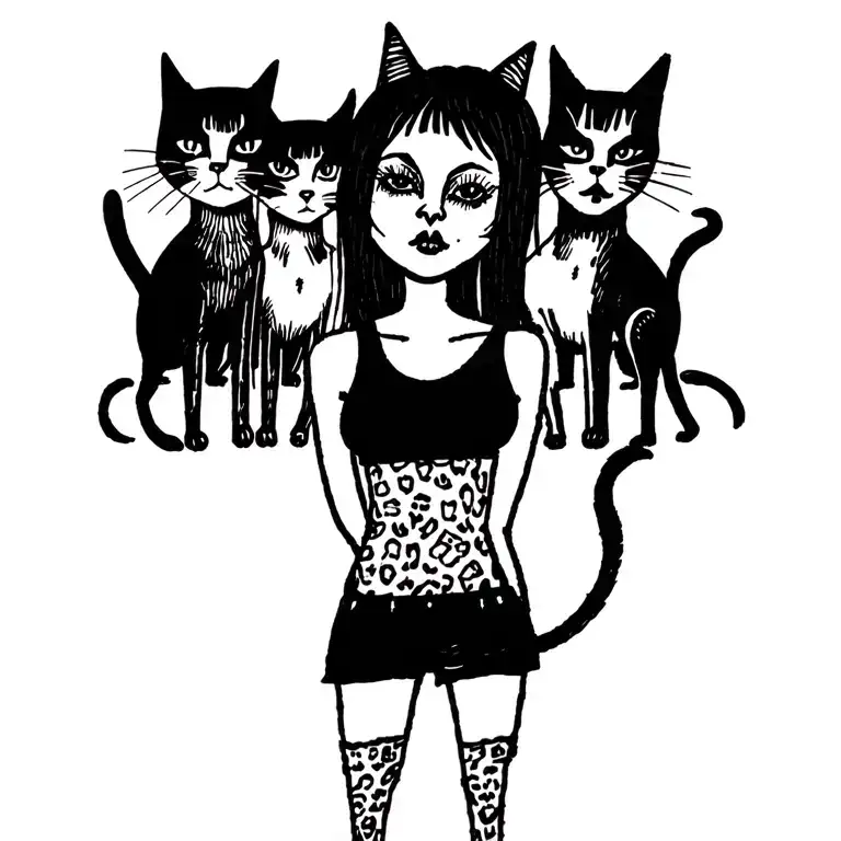 woman punk with gang of cats tattoo design idea
