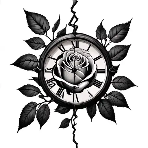 Rose broken clock family tattoo design idea