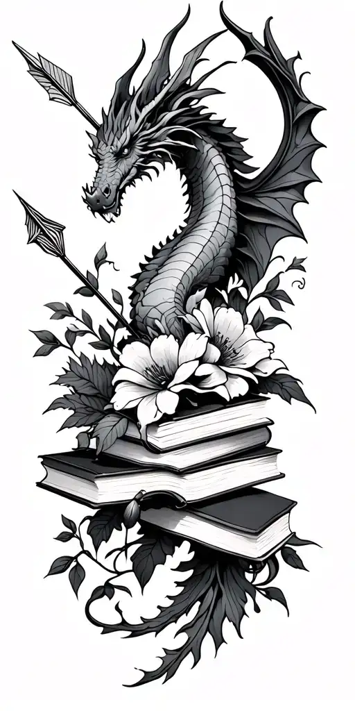 books and fantasy with flying dragons, flowers and arrows tattoo design idea