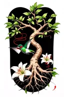 roots of a tree of life with 2 lilies and a hummingbird and a Japanese red thread that connects them tattoo design idea