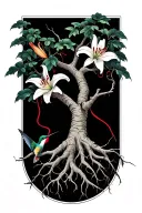 roots of a tree of life with 2 lilies and a hummingbird and a Japanese red thread that connects them tattoo design idea