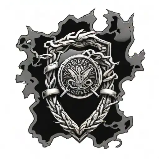 A fierce and detailed military police badge surrounded by barbed wire and a background of camouflage pattern tattoo design idea