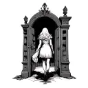 woman walking through a door opening into a fantasy world add bookshelves around the door fantasy world scene through op tattoo design idea