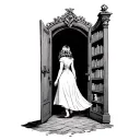 woman walking through a door opening into a fantasy world add bookshelves around the door fantasy world scene through op tattoo design idea