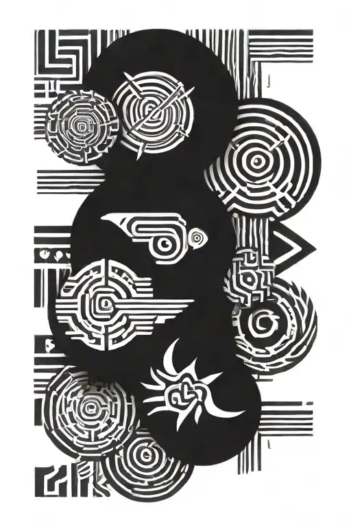 maori symbols merging in digital elements like barcodes an data visualization tattoo design idea