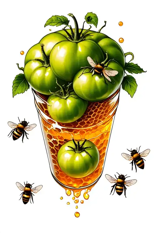 Jar of honey with honey comb inside behind a green tomatoes with bees flying around tattoo design idea