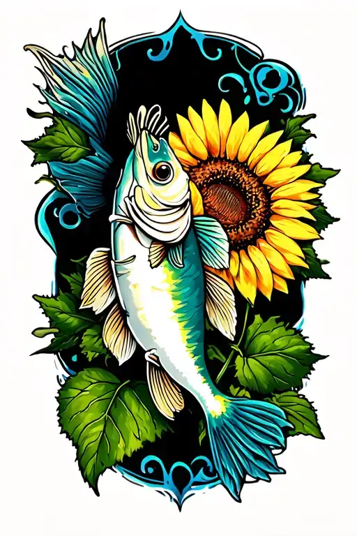 Bass fish with sunflower tattoo design idea