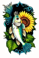 Bass fish with sunflower tattoo design idea