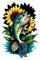 Bass fish with sunflower tattoo design idea