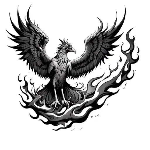 a phoenix rising from theflames, its wings and tail as well as its fire wrapping around my forearm,circling higher a tattoo design idea