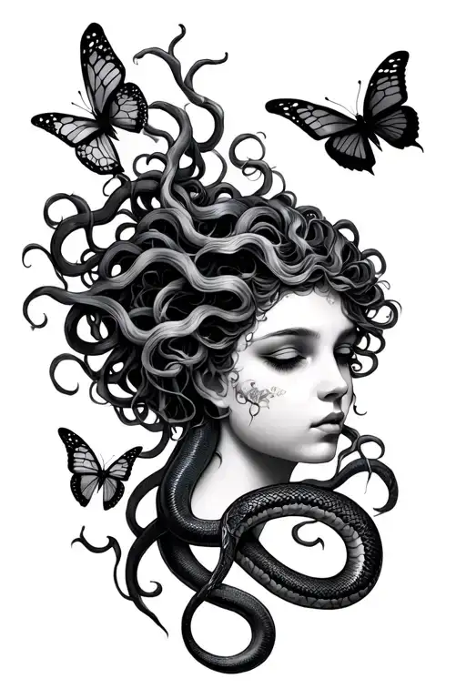 medusa with snake hair and butterflies surrounding tattoo design idea