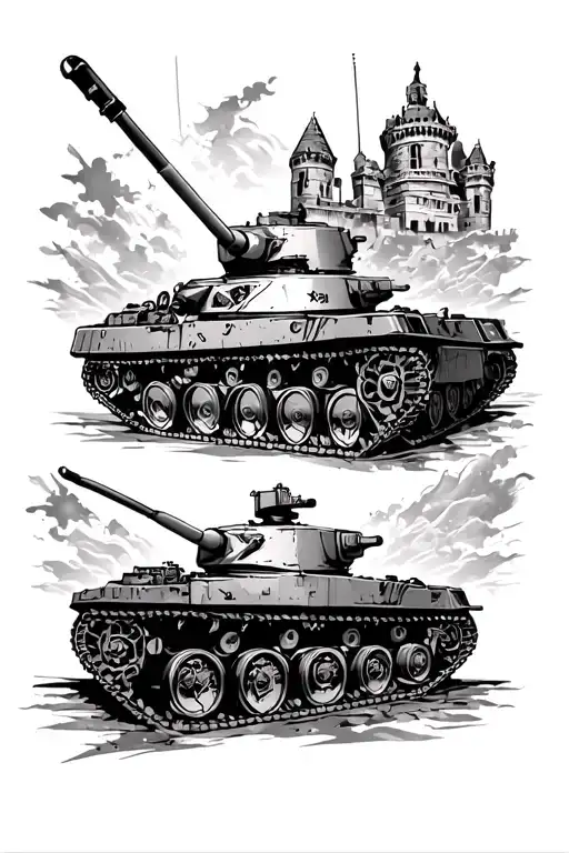 patriotic American sleeve with iconic scenes, an Abram's Tank and a castle tattoo design idea