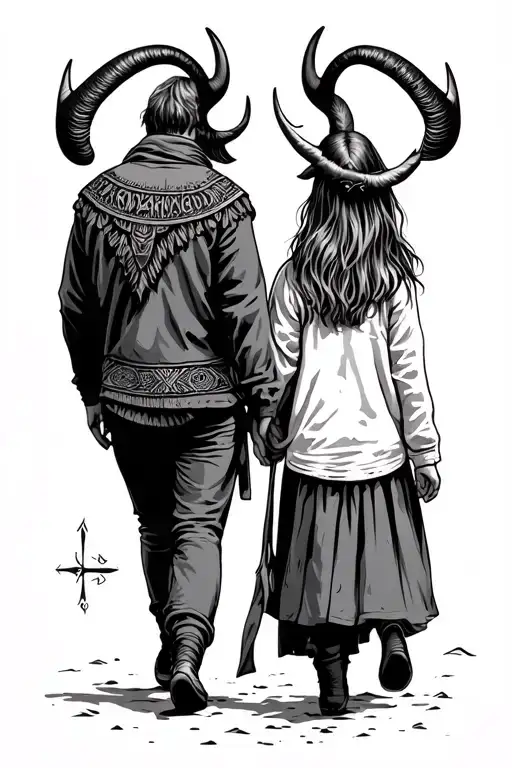 taurus sign; nordic runes; girl eyes looking; dad daughter walk take hands; tattoo design idea