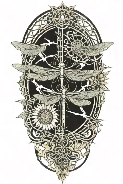 celtic dragonfly landing on a sunflower tattoo design idea