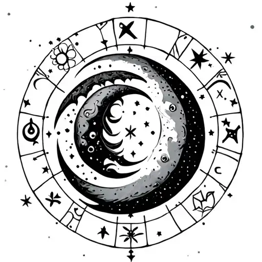 simple black crescent moon surrounded by the horoscope symbols for Aquarius Taurus Cancer and Virgo tattoo design idea