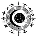 simple black crescent moon surrounded by the horoscope symbols for Aquarius Taurus Cancer and Virgo tattoo design idea