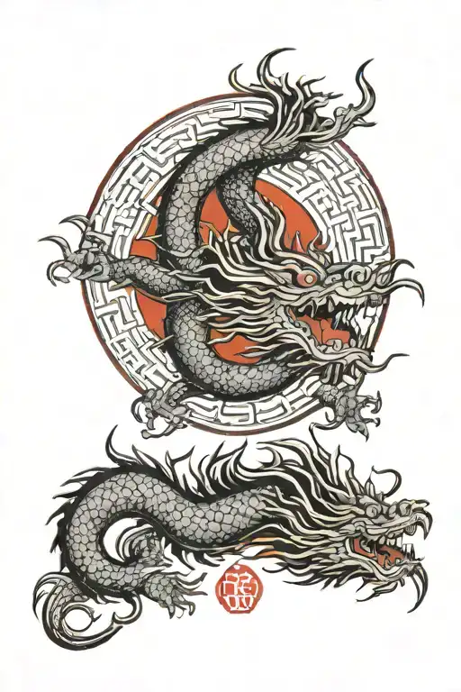red sun with dragon in a mandarin lettering tattoo design idea