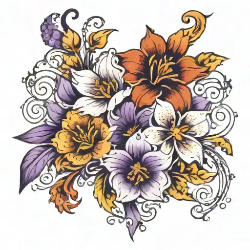 4 flowers red purple white and orange with filigree in-between  tattoo design idea