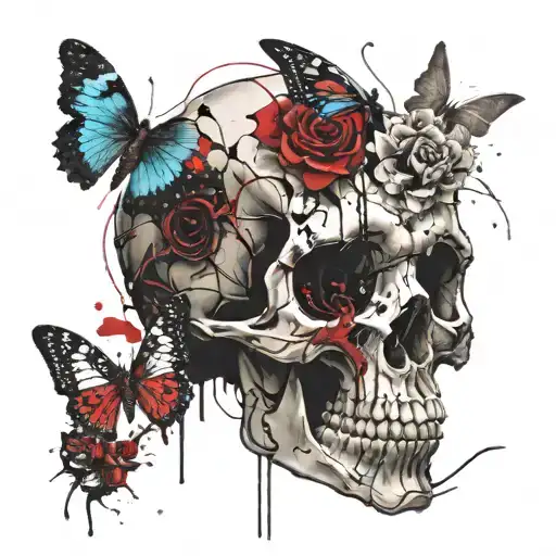 skull, rose, butterfly made tattoo design idea