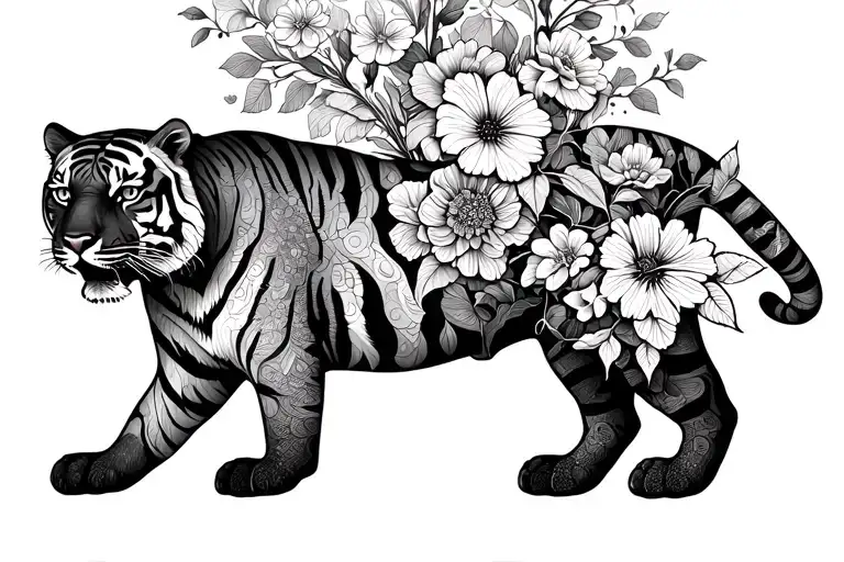 tiger with flowers walking down tattoo design idea