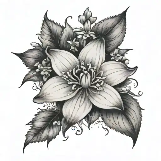 forget me not flowers, larkspur flowers intertwined, baby’s breath flower, waterlilly tattoo design idea