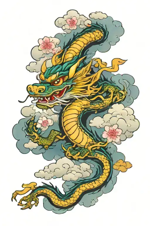 oriental dragon and clouds with cherry blossom  tattoo design idea